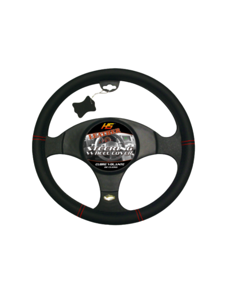 COUVRE VOLANT CUIR NOIR COUTURES ROUGES